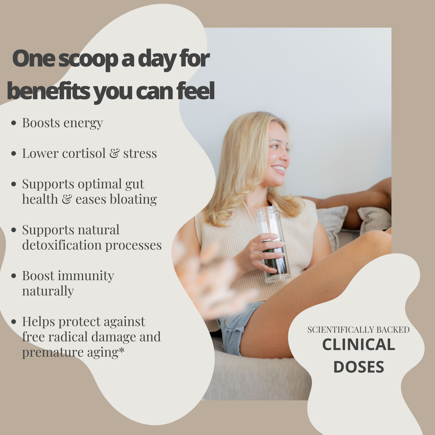 Woman enjoying a drink made with Alk Labs A.M Greens powder. This daily supplement boosts energy, lowers cortisol and stress, supports gut health, natural detoxification, and immunity, and helps protect against free radical damage and premature aging with scientifically backed clinical doses.